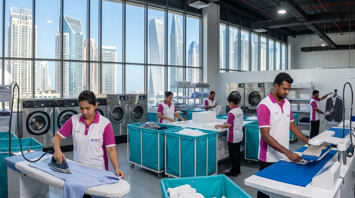 Dima Laundry team washing, pressing and finishing garments in the cleaning centre